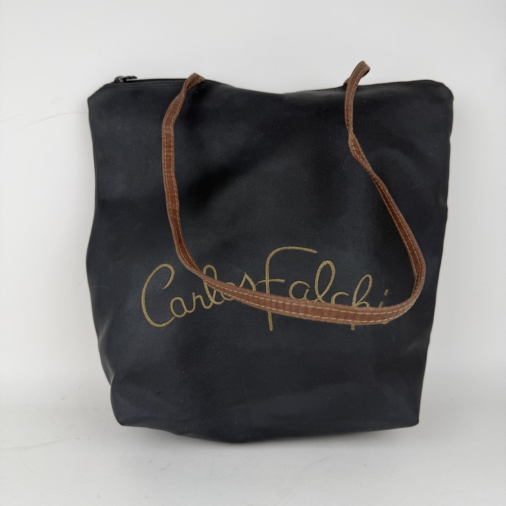 Carlos Falchi Tote Bag Womens Black Zip Top Shoulder Purse Logo Lined Brown Trim